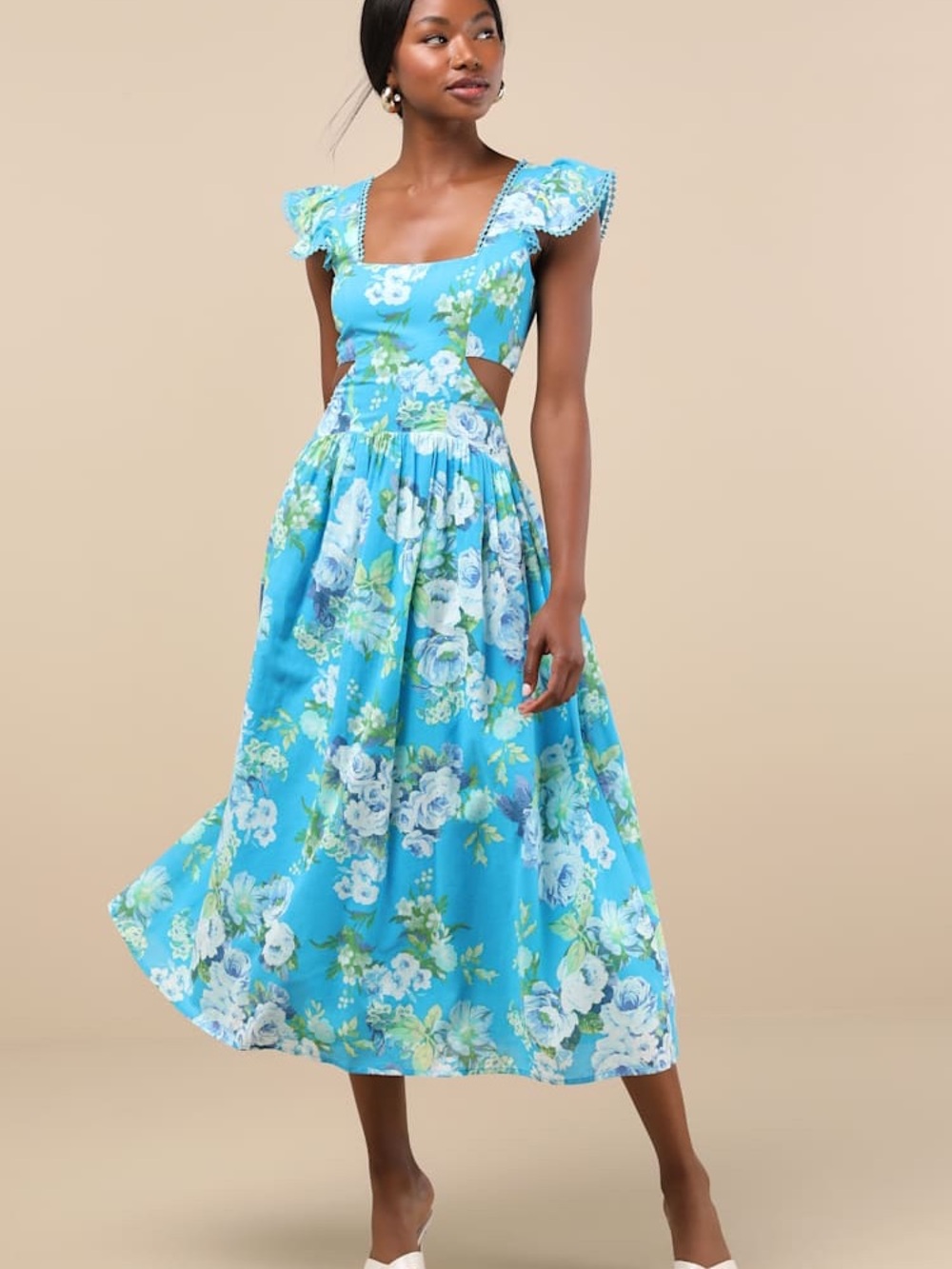 Lulu's Prielle Bright Blue Floral Cutout Midi Dress Women Size Large